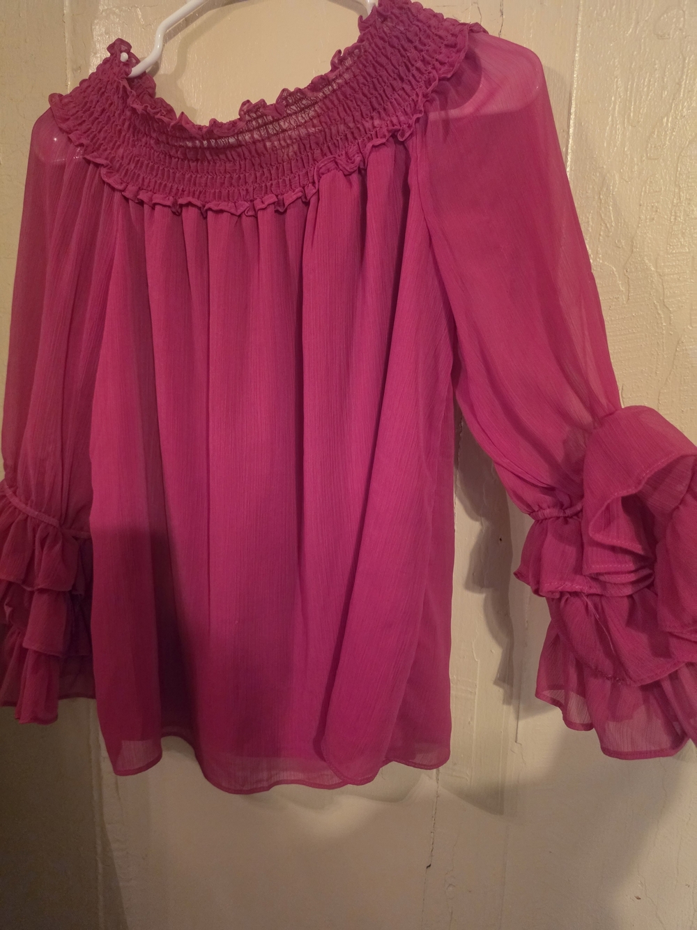 CeCe Fuchsia Off-Shoulder Smocked Neck Blouse